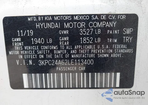 2020 Hyundai Accent Se z USA, uszkodzony, nr VIN 3KPC24A62LE113400